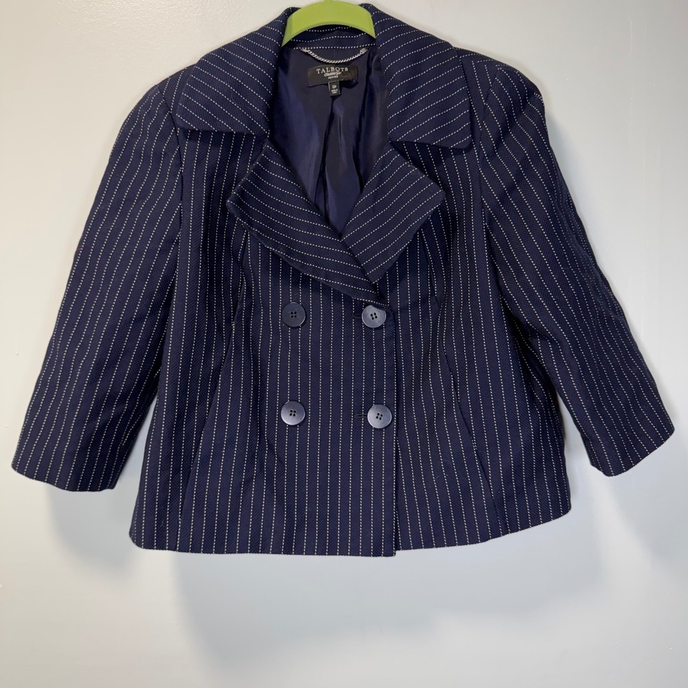 Talbots Petites Navy‎ Blue Pinstripe Double Breasted Pea Coat Jacket Size 12P